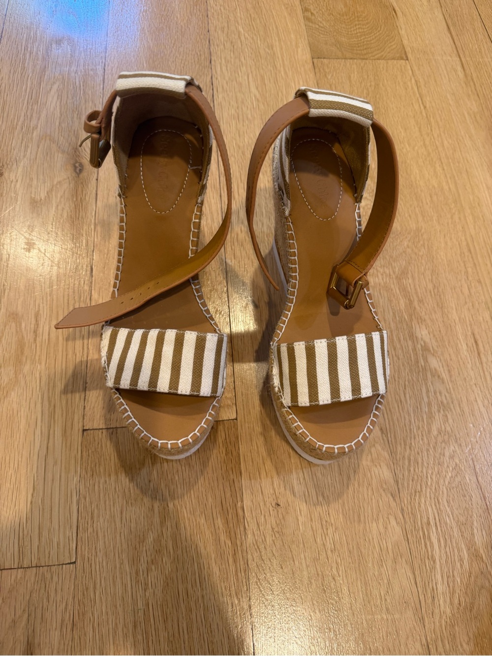 See By Chloe Tan Leather & White Striped Espadrille Wedge Sandals